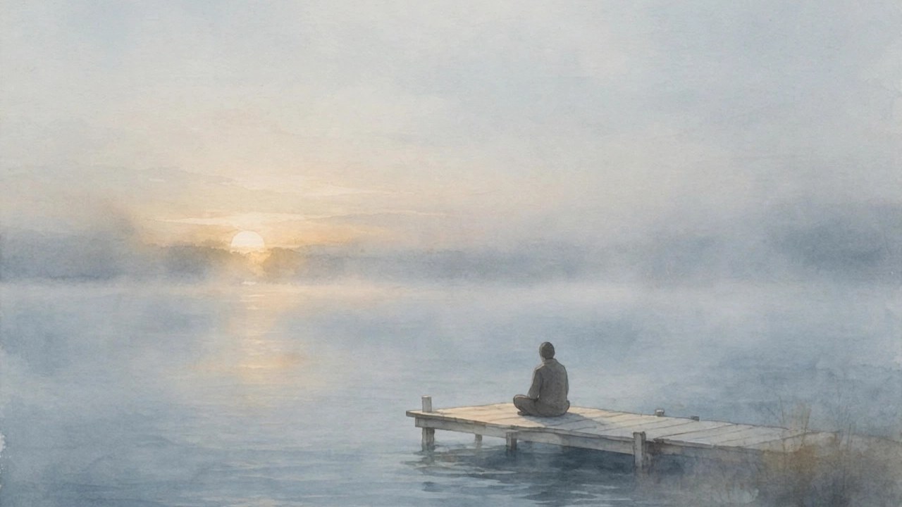 Cover art: a lone figure meditating on a dock at dawn