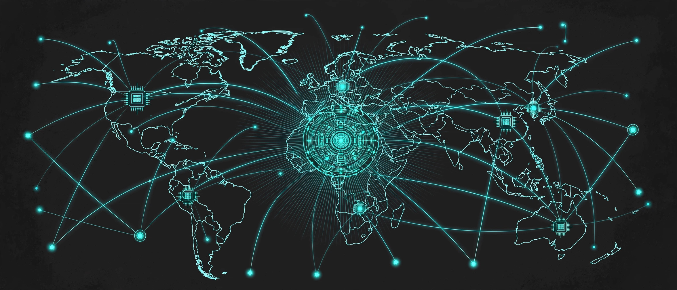 Global distributed AI grid with GPU nodes connected across a world map, teal line art on dark charcoal