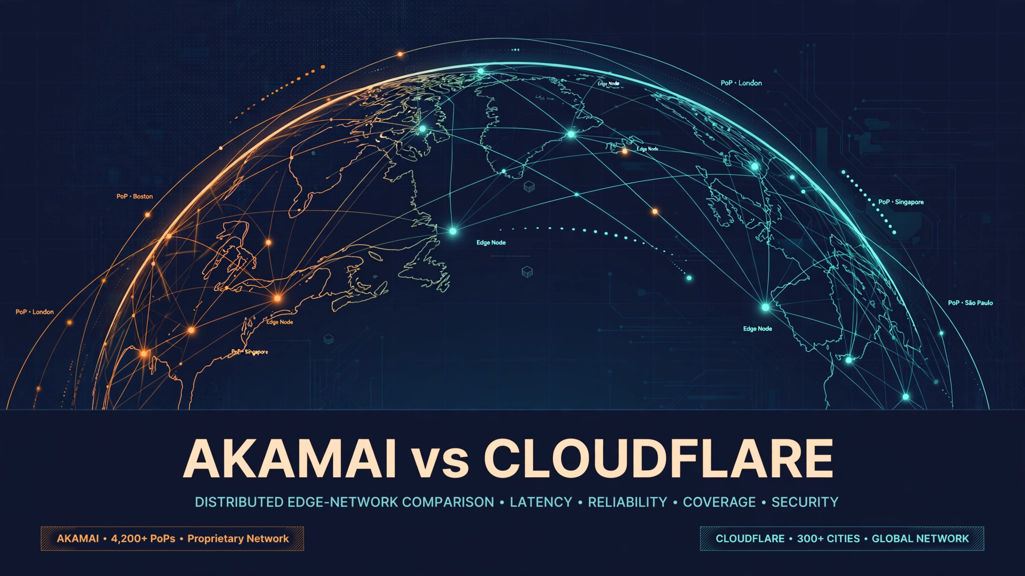 Edge-network diagram of glowing orange and teal nodes connected across a globe-like arc on dark navy, behind the title Akamai vs Cloudflare