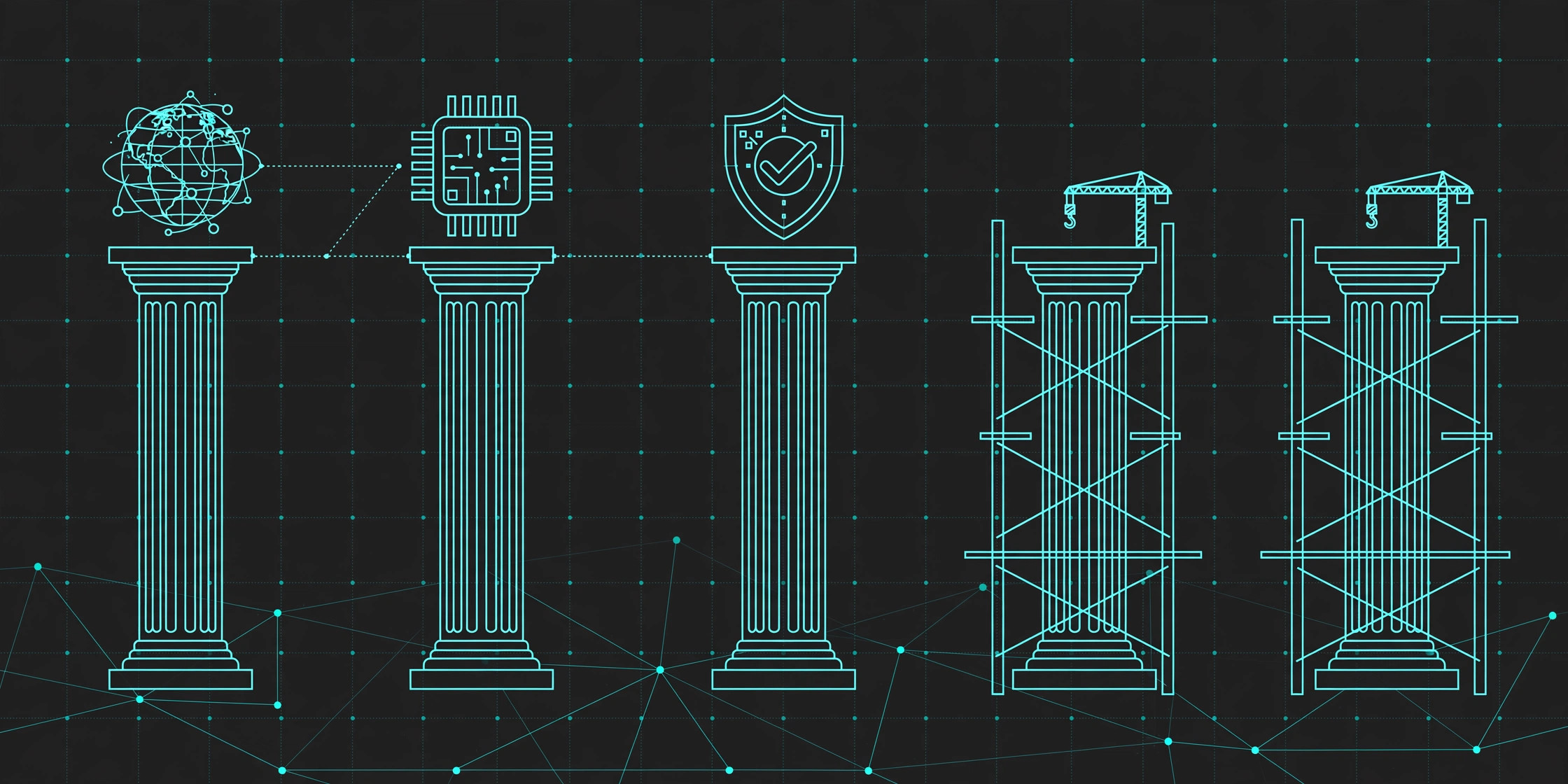Five stone pillars with edge network linework, three complete and two under construction, teal line art on dark charcoal