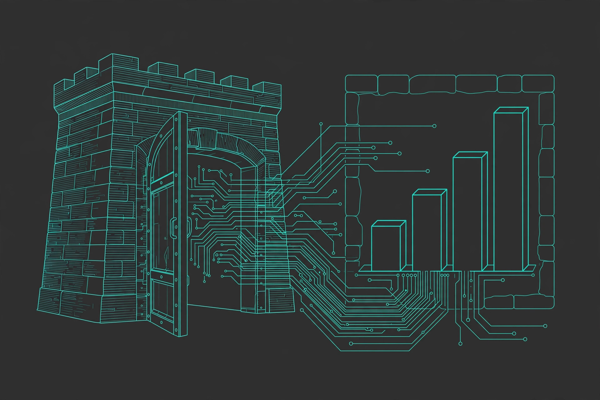 Stone fortress vault with circuit traces flowing out and a rising bar chart, teal line art on dark charcoal