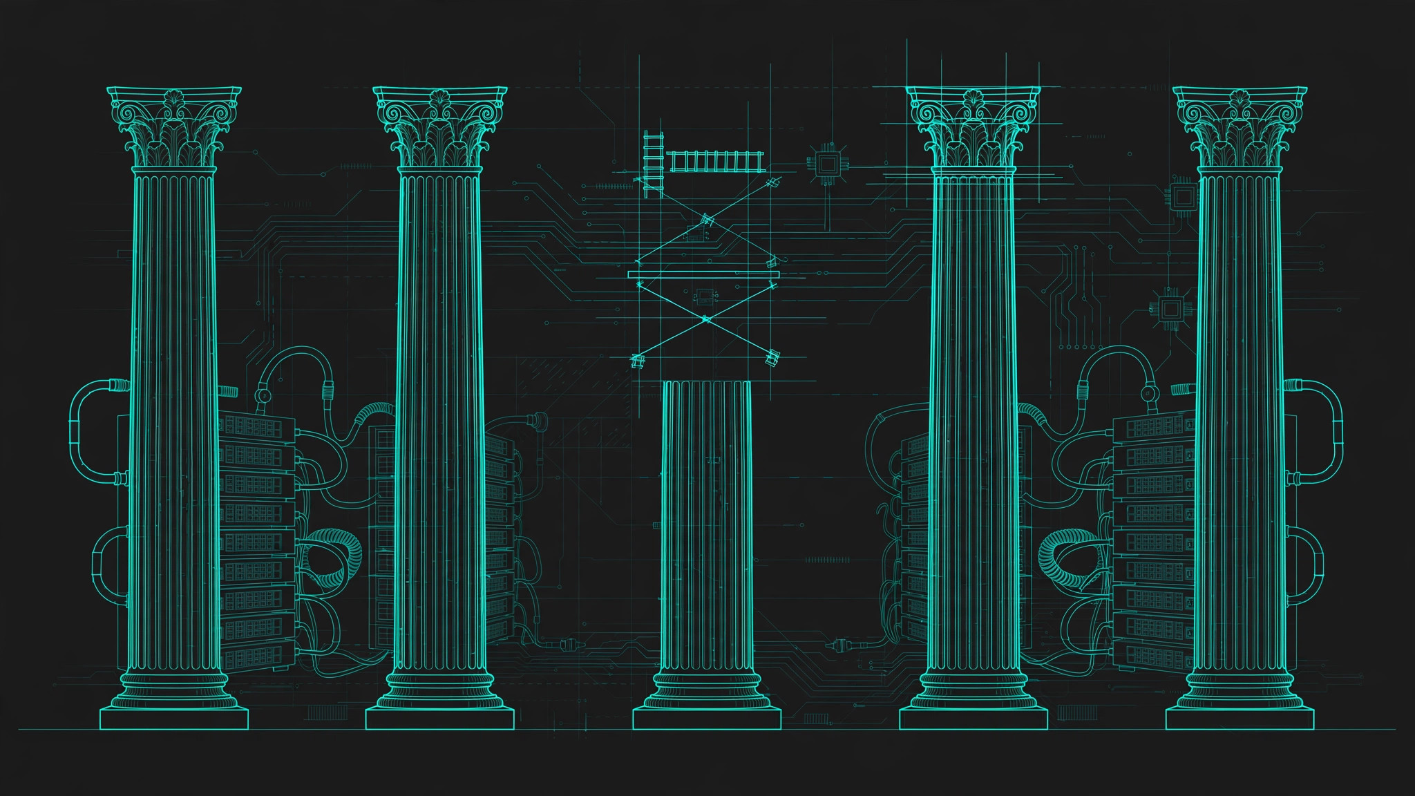 Five stone pillars with data center linework, teal line art on dark charcoal