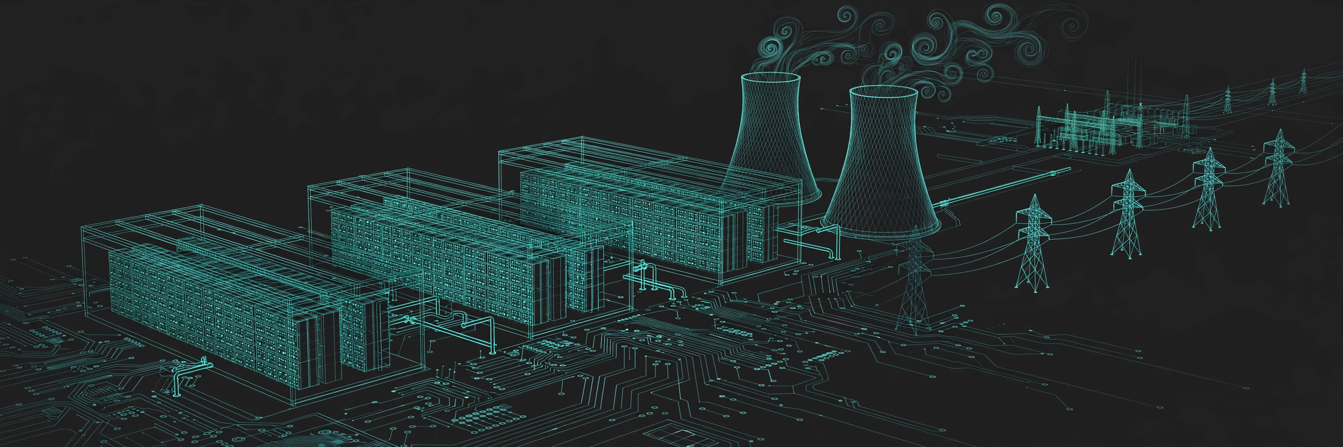 AI data center factory in teal line art on dark charcoal