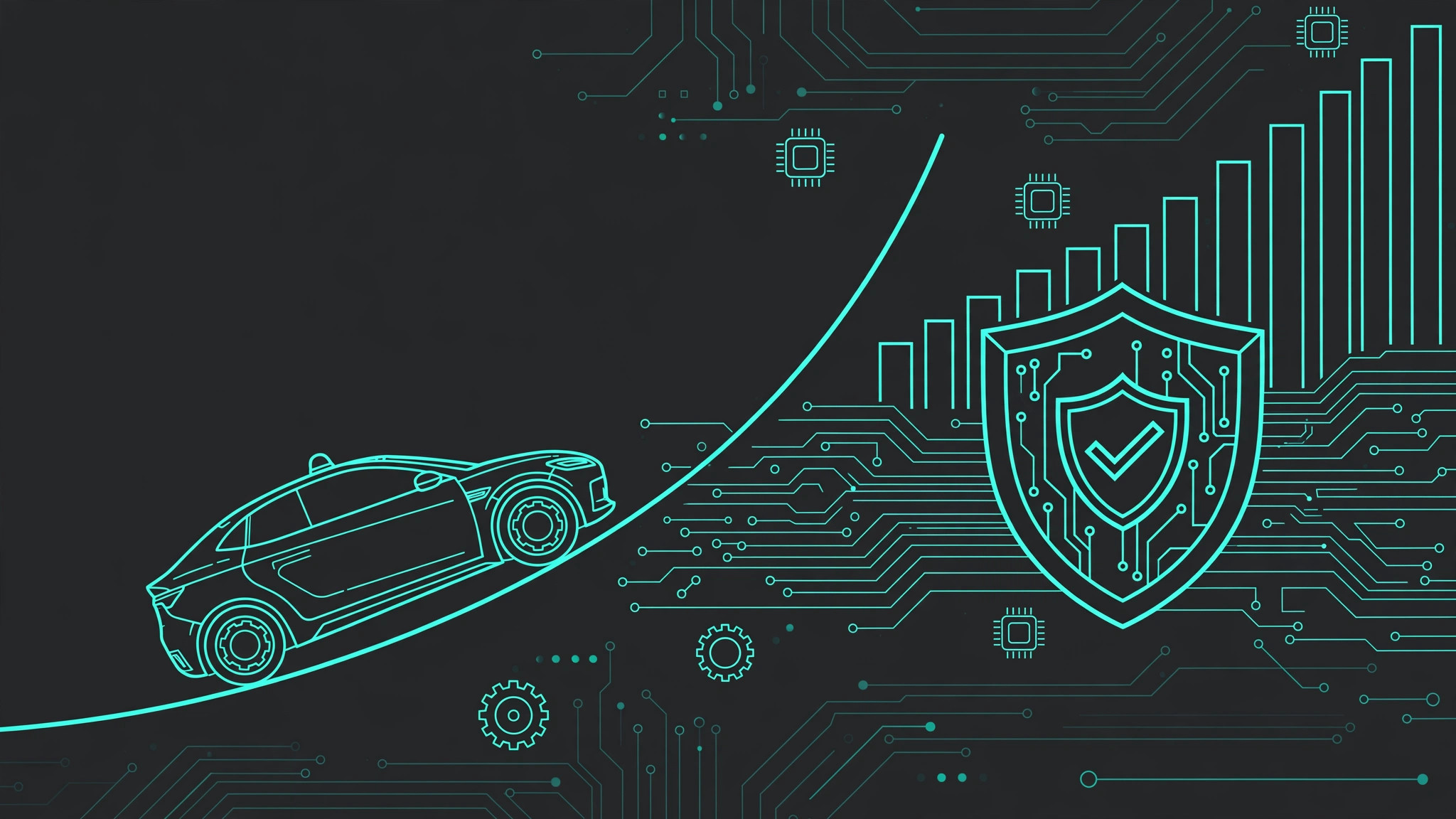 Robotaxi climbing a rising earnings curve with circuit traces and a safety shield, teal line art on dark charcoal