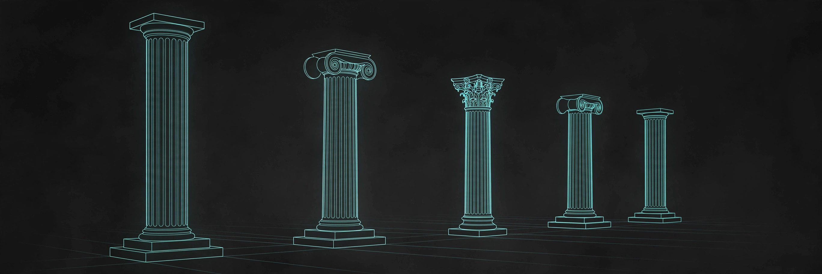 Five pillars in teal line art on dark charcoal