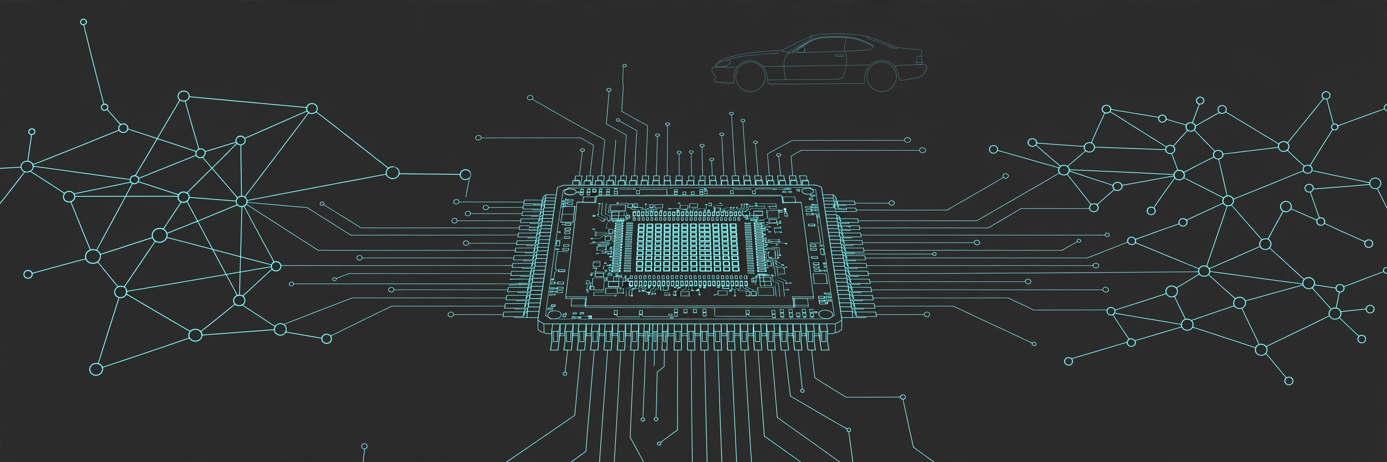 Semiconductor chip with circuit traces in teal line art