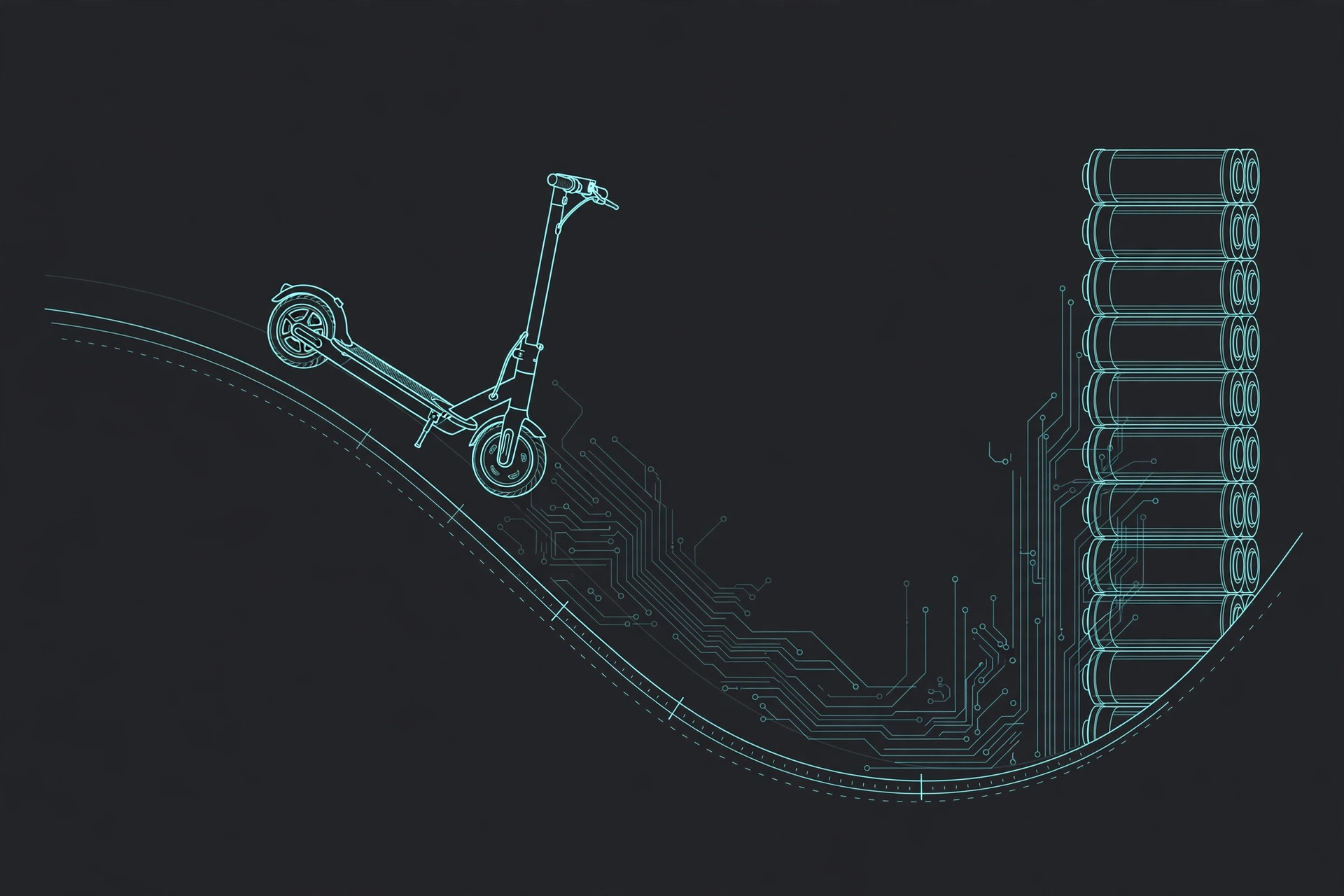 Electric scooter silhouette riding a collapsing market-share curve that bends up into a battery-cell stack, teal line art