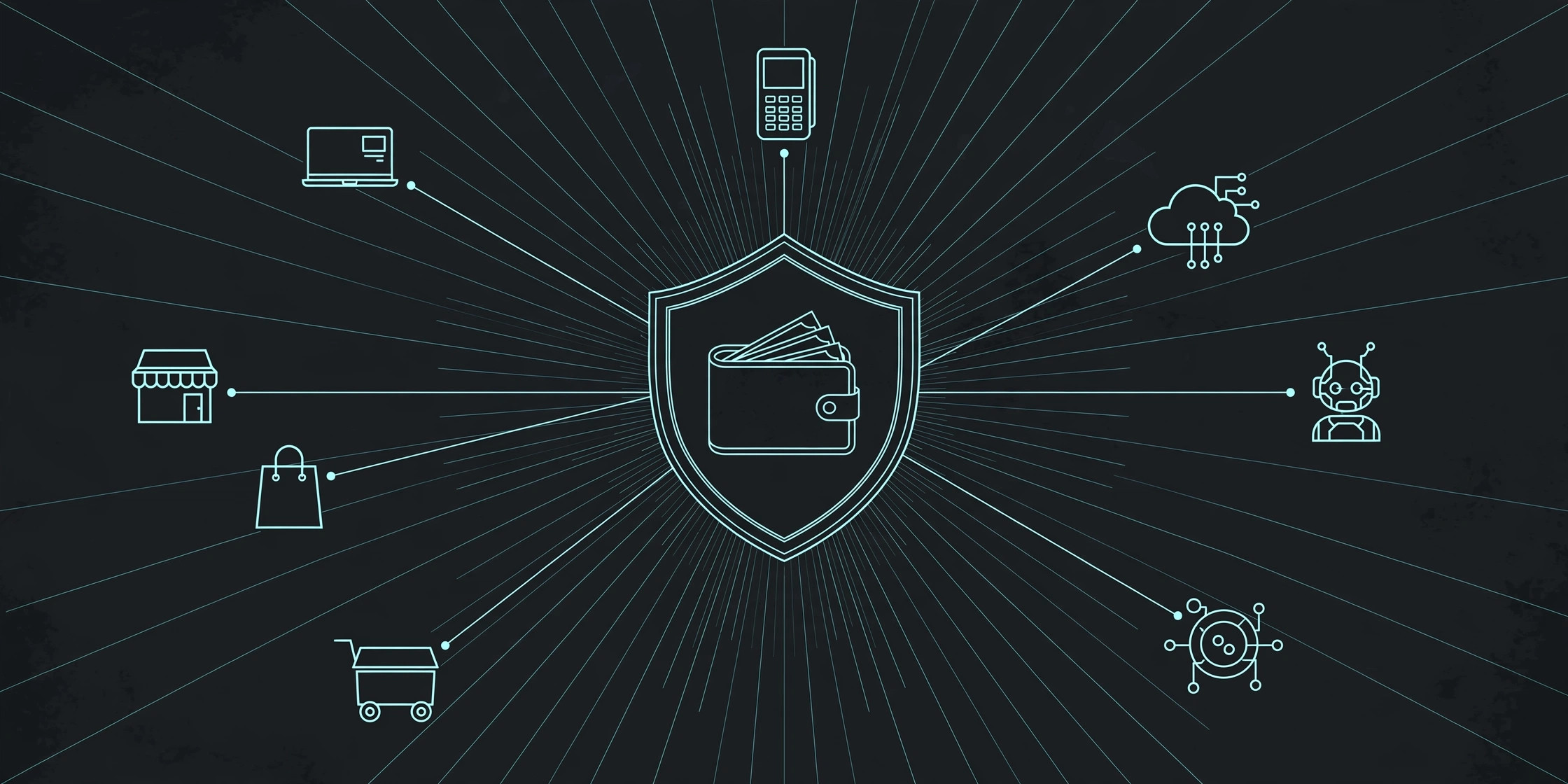 Shield emblem with wallet motif and payment network in teal line art