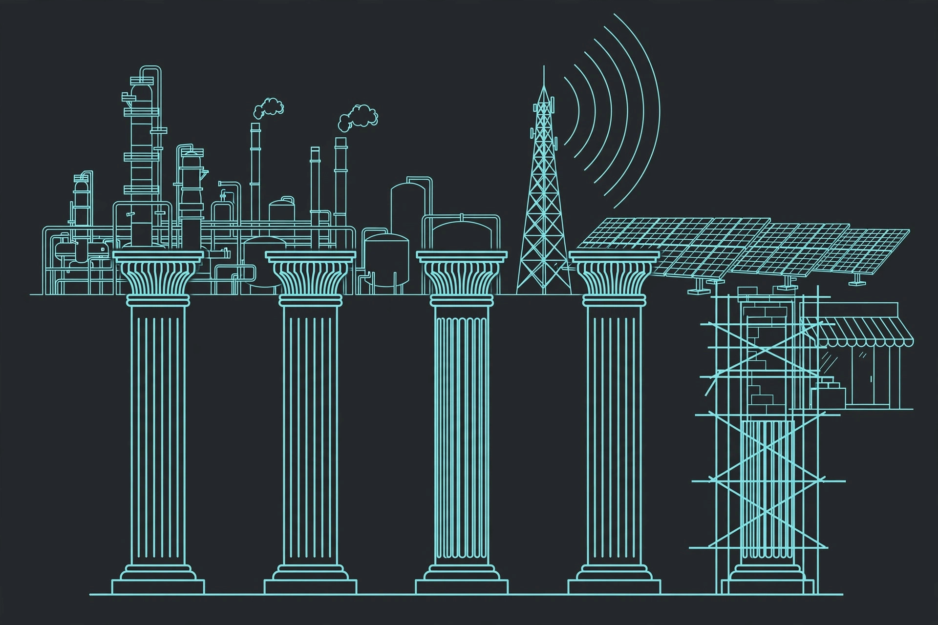 Five pillars topped with refinery, telecom tower, solar panels, and a retail store, one pillar still under construction, teal line art on dark charcoal