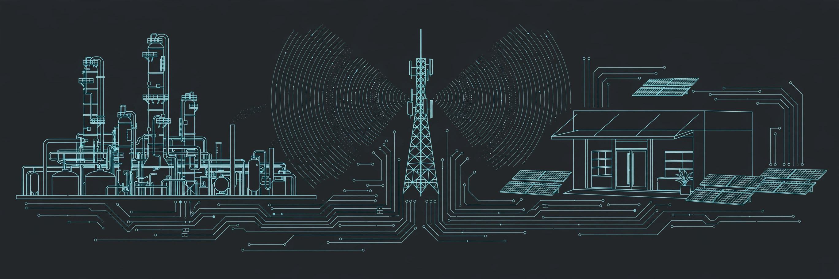 Refinery, telecom tower with signal waves, and solar-powered home connected by circuit traces, teal line art on dark charcoal