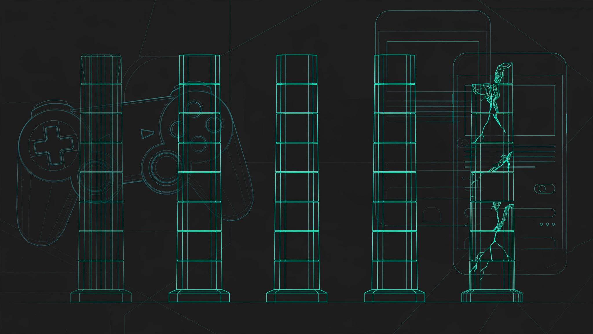 Five stone pillars with gaming linework, teal line art on dark charcoal