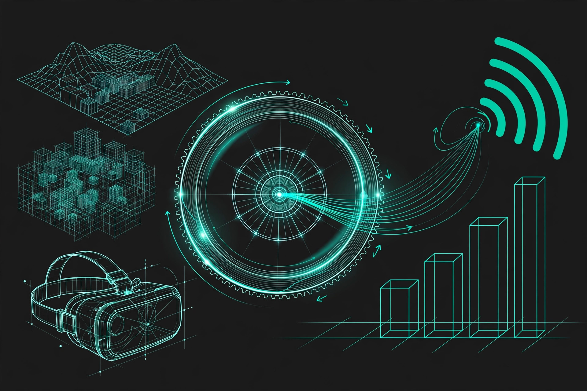Game engine flywheel in teal line art on dark charcoal