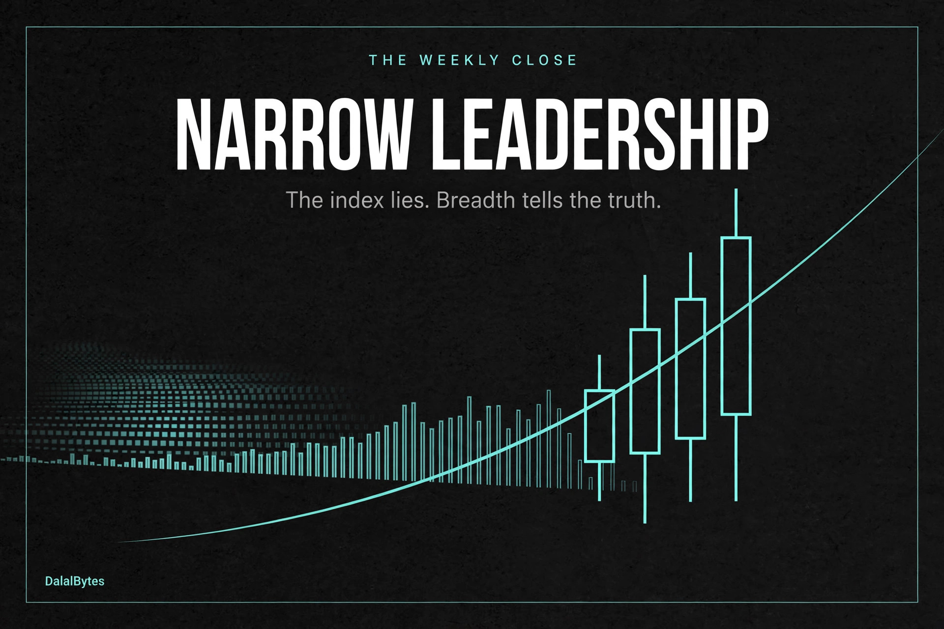 The Weekly Close: narrow leadership, teal candlesticks rising on charcoal